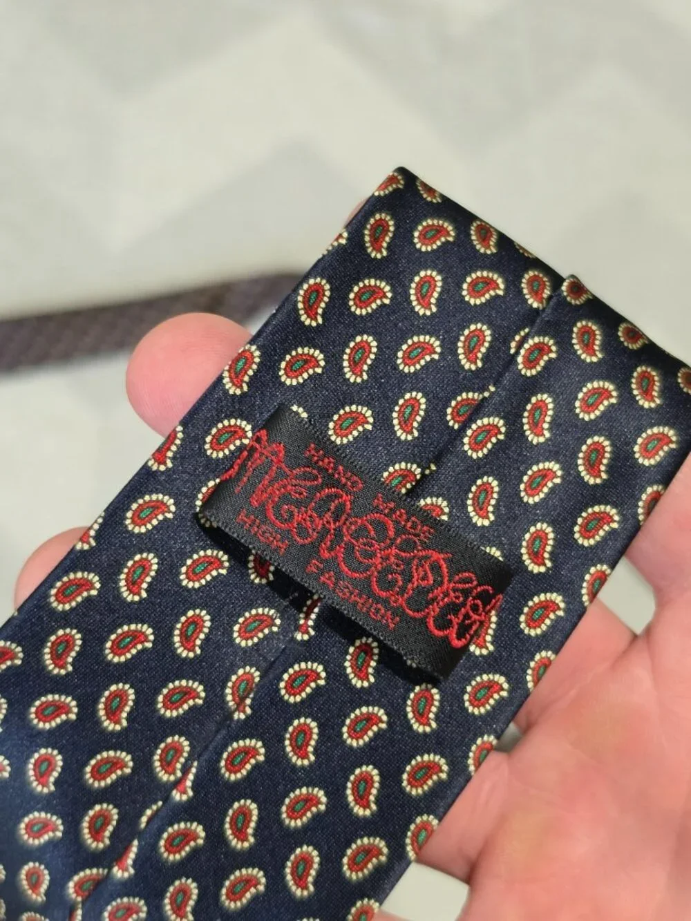 Handmade Mens Paisley Print Tie Navy Red Gold Silk Classic Formal Accessory